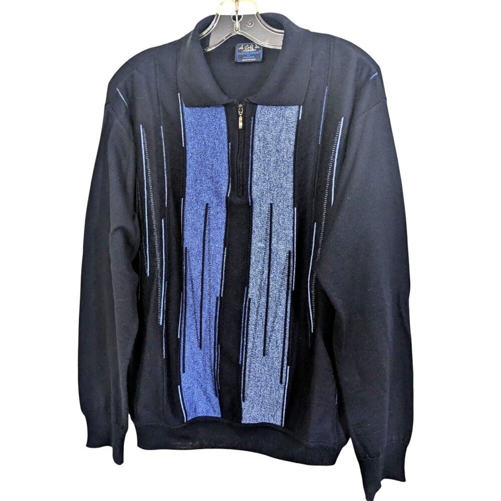 Montechiaro Italy Mens Large Merino Wool Blend Sweater Navy Blue Quarter Zip